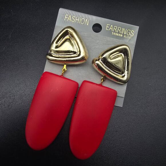 Unknown Jewelry - Gold Tone Red Triangular Door Knocker Earrings Vintage 1980s Statement NOS NWT
